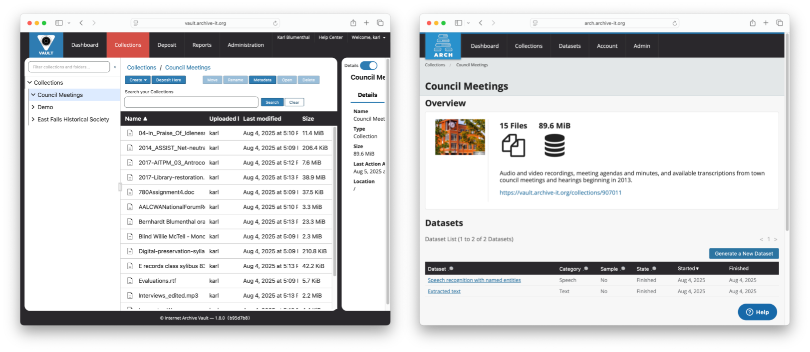 Screenshots showing a collection in the Vault repository service (left) and ARCH (right)