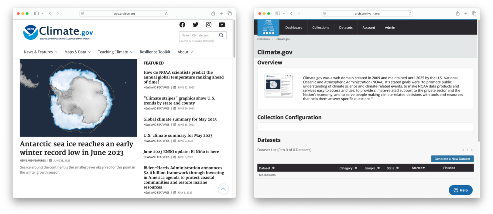 Screenshots of the same archived website as it appears in the Wayback Machine (left) and the ARCH web application (right)